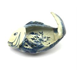 Japanese blue and white dish c1900 modelled as a Carp with floral painted interior, L23cm 