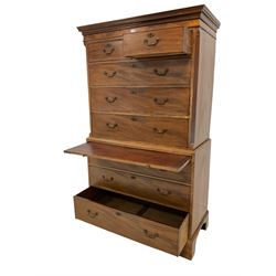 Georgian mahogany chest-on-chest, dentilled cornice over two sort and three long drawers flanked by reeded canted edges, the lower section fitted with brushing slide over three drawers, raised on bracket feet