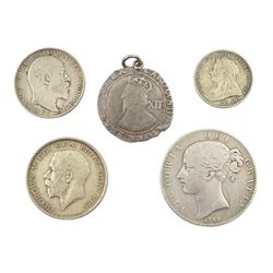 Charles I shilling, with soldered loop mount, Queen Victoria 1845 crown coin, 1893 shilling, King Edward VII 1902 florin and King George V 1912 half crown (5)