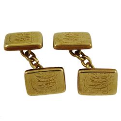 Pair of 18ct gold rectangular cufflinks with engraved initials, stamped 18, approx 9.7gm