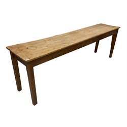 19th century pine table, long rectangular top on four square tapering supports