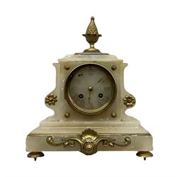 A 19th century French mantle clock in an alabaster case with cast brass mounts and pineapple finial, conforming alabaster dial, applied gilt roman numerals and brass spade hands, eight-day countwheel movement striking the hours and half hours on a bell. With pendulum.

