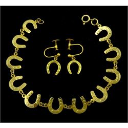 Gold horseshoe link bracelet and pair of matching screw back pendant earrings, both 9ct