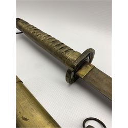 20th century Japanese Katana, 68cm blade, cord and a faux shagreen bound handle, brass tsuba and gilt metal saya decorated with a Dragon and script 