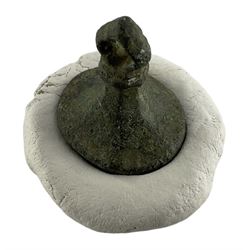 Medieval 14th century copper alloy chess piece style seal matrix, seal depicting figure with collar and crescent moon behind head, reads 'virgo mater dei tv misere mei (Virgin mother of god, thou have mercy on me), together with other medieval detectorist finds such as pendant and other fragments, all medieval and later 
