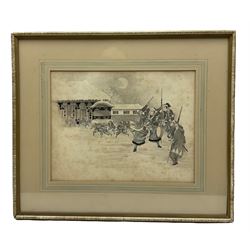Japanese School (19th century): Samurai and Ronin in a Winter Battle and Gathering Food, pair watercolours one signed 22cm x 28cm (2)