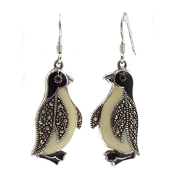 Pair of silver enamel and marcasite penguin pendant earrings, stamped 925