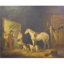  Circle of George Moreland (British 1763-1804): Dogs and Horses in a Stable, oleograph 50cm x 60cm  