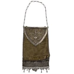 Early 20th century German silver wedding purse with mesh and filigree, the shield shape cartouche engraved with initials and with chain handle