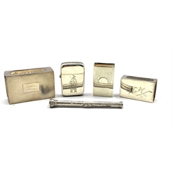 Engine turned silver match box holder inscribed 'R W Gow, Beverley' London 1930, two smaller match box holders a silver vesta case and a propelling pencil 