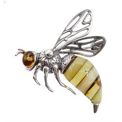 Silver amber bee brooch, stamped 925
