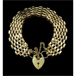 9ct gold five bar gate bracelet, with heart locket clasp