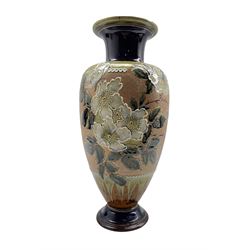 Large Doulton Slater stoneware vase applied with floral decoration on chine ground, impressed no. 7045 with artists monogram FTR, H44cm 
