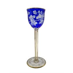 Bohemian hock glass with blue flashed bowl on chamfered stem and with floral etched foot H23cm