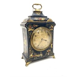 20th century mechanical mantle clock in a blue chinoiserie case, the distressed dial with Arabic chapter ring, retailed by Mappin & Webb W14cm