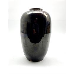19th century Chinese ovoid form vase, applied with a deep brown near mirror-black lustrous glaze, six character Kangxi mark beneath, H22cm 