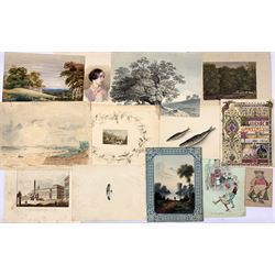 H Ferraby (British 19th century): Lake Fishing and Miniature Landscape, watercolours and oil signed and dated 1837 together with small late 19th century portrait of a young lady; hand painted illuminated page dated 1869; collection watercolours max 30cm x 21cm (13)