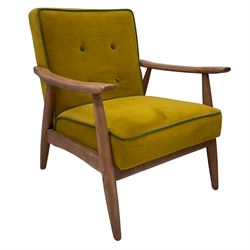 Pair contemporary easy armchairs, upholstered in mustard fabric with contrasting green buttoning and piping 