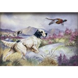 20th century rectangular porcelain panel by E.R. Booty, hand painted with two Setters flushing a Pheasant against a highland landscape, signed E.R. Booty, set within gilt frame, 11.5cm x 16.5cm 