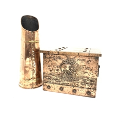 Arts & Crafts copper coal box, rectangular form with hinged cover and repousse decorated with a Galleon, L45cm together with a copper and brass handled coal hod (2)