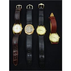 Four Favre-Leuba plated and stainless steel wristwatches including Daymatic, Sea King and Sandow, all on leather straps
