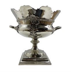 Large silver-plated two handled centre bowl of campana form on square base, H31cm