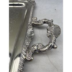 Late 19th/ early 20th century silver-plated rectangular tea tray, twin-handled with shell and gadrooned borders, stamped H.B & H.S, L73cm