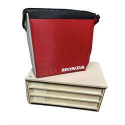 Honda Fresh bag and a metal and plastic three-drawer table top cabinet 