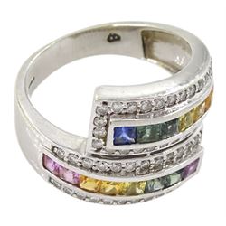 9ct white gold channel set princess cut rainbow sapphire crossover ring, with diamond set surround, hallmarked