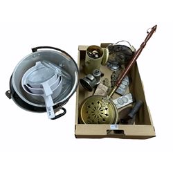 WW2 gas mask,  Lucas Calcia Club carbide bicycle lamp, brass warming pan, two Rowntree's Coronation chocolate tins, brass door knockers, vintage jam pans etc 