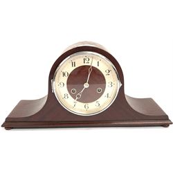20th century German mahogany dome top mantel clock, silvered dial with arabic chapter ring, eight day twin train movement striking the hours on coil, bearing brass makers plaque inscribed 'H.A.C' W43cm