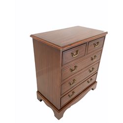 20th century mahogany chest, satinwood inlaid band to top over two short and three long drawers, raised on bracket supports W66cm