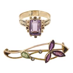 Victorian 9ct rose gold amethyst ring, with bright cut decoration shoulders and a gold, amethyst, peridot and seed pearl brooch