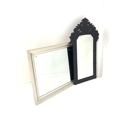 Venetian style upright wall mirror in decorative black glass frame (65cm x 113cm) and a silver framed wall mirror with bevelled plate (75cm x 105cm)  