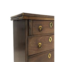 Small George III mahogany bachelors chest, rectangular fold over top, two sliding stays and four graduating oak lined drawers, on bracket feet, brass escutcheons and loop handles, 