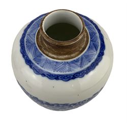 Chinese Kangxi style blue and white jar, with associated cover, painted with panels of figures and precious objects, H22.5cm, and another Chinese blue and white jar and cover, with double ring mark beneath, H15cm 