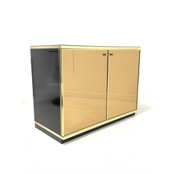 Renato Zevi  for metal craft -Mid century 'Hollywood Regency' retro bronze tinted cupboard, back glazed top over two doors enclosing shelf, black lacquered sides and plinth base 