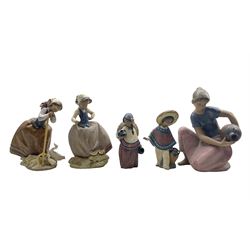Lladro Gres figure 'Young Water Girl' No2336, a pair of Gres figures 'Harvest Helpers' No2178 and 'Sharing the Harvest' No2179 and another pair 'Pedro and Pepita' Nos2140 and 2141 (5)