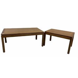 G-Plan -A Mid century teak coffee table with cross banded top raised on square supports (106cm x 62cm, H46cm) and another smaller coffee table (74cm x 62cm, H46cm) 