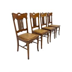 Set four of early 20th century oak dining chairs, the shaped cresting rail and pierced splat over leather seat, raised on square supports  