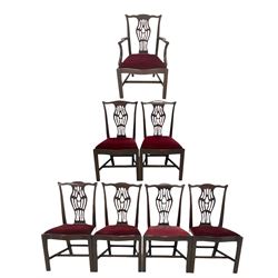 Set five (4+1) Georgian style mahogany dining chairs, shaped cresting rails over pierced baluster shaped splats with flower head motifs, moulded supports (W60cm), and a similar pair Georgian style dining chairs (7)
