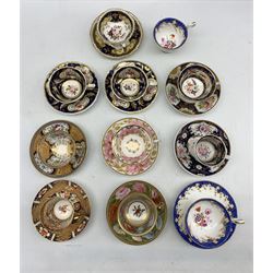 Early 19th century Daniel tea cup and saucer decorated with pink roses, mid 19th century Alcock trio with a floral spray within a blue border, Copelands Imari pattern cup and saucer and seven other decorative 19th century tea cups and saucers including Spode, Chamberlains Worcester etc
