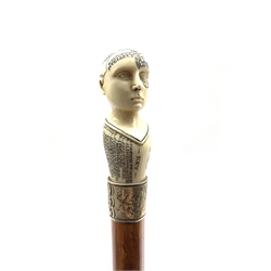Victorian Phrenology walking cane, Malacca shaft with silver collar and carved ivory phrenology head, the cranium with engraved numbers and divisions showing areas of the sentiments, the key given below, L89cm 