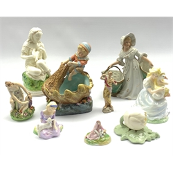 Royal Doulton figure 'Mary Had A Little Lamb', Coalport figure 'The Goose Girl', Royal China Works Worcester wall pocket, 19th Century Staffordshire figure of a lady and cherub and other figures  (9)