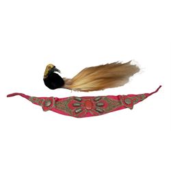Art Deco period silk headband with beaded decoration together with a late 19th century Greater Bird of Paradise (Paradisaea minor) millinery plume, L43cm approx (2)