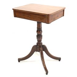 19th century mahogany pedestal work table, the hinged top revealing baize lined playing surface over turned pedestal and four splayed supports W54cm