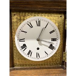 Oak cased granddaughter clock, pointed pediment over circular white painted dial with Roman numeral chapter ring, the eight day Westminster chiming movement striking the quarter hours hammers on four gong rods H108cm