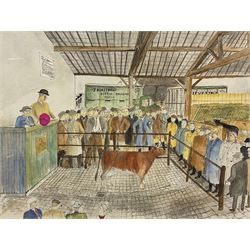 RL Whitley (British 20th century): The Cattle Market, watercolour signed 55cm x 74cm (unframed)