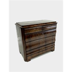 19th century continental mahogany four drawer chest, the figured caddy top over two short and two long cushion fronted drawers, W105cm, H92cm, D53cm