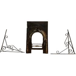 19th century cast iron fire place inset (W61cm x H93cm) and a pair of wrought metal wall brackets with scroll decoration 70cm x 70cm